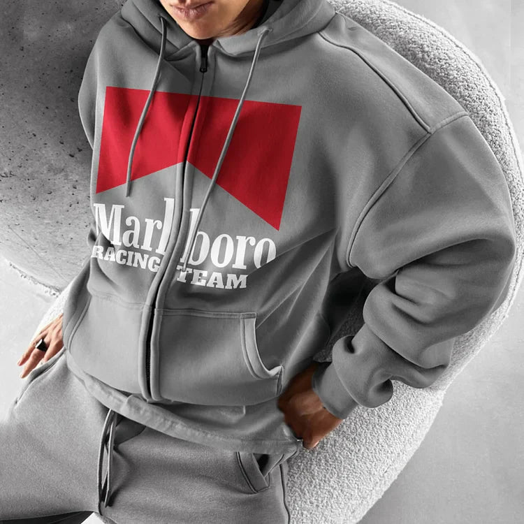 Oversized Hoodie Racing Graphic Print  Zip-Up Hooded Sweatshirt