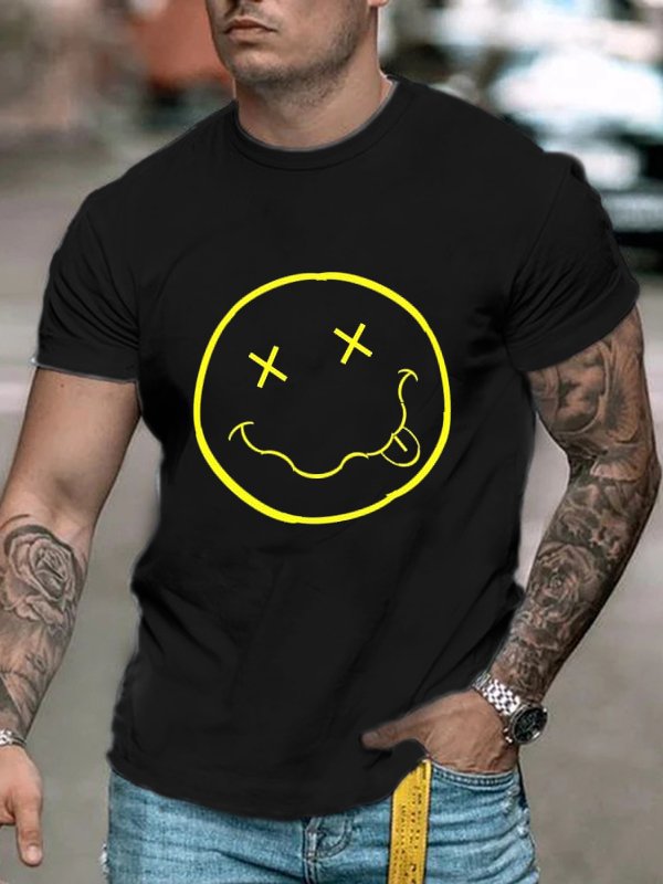Stylish  casual black smiley face printed short sleeve T-shirt