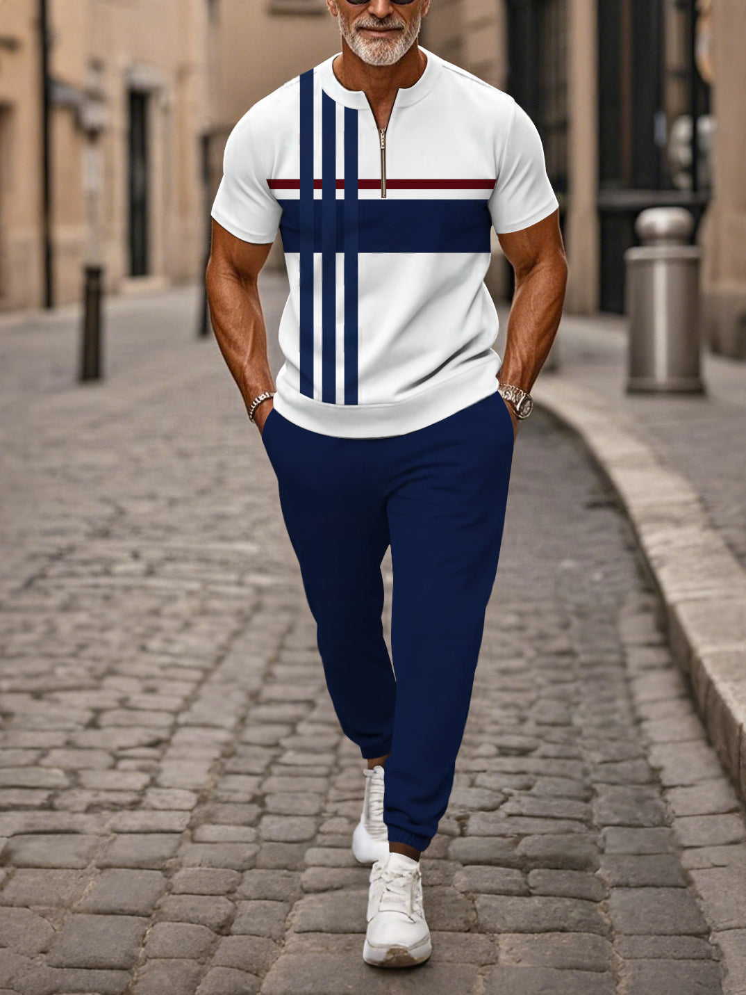 Zipper Short Sleeve Long Pants Two-Piece Set