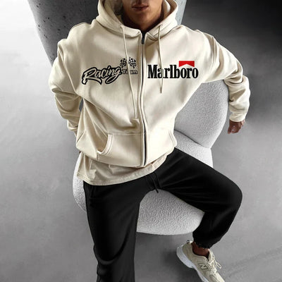Oversized Hoodie Racing Graphic Print  Zip-Up Hooded Sweatshirt
