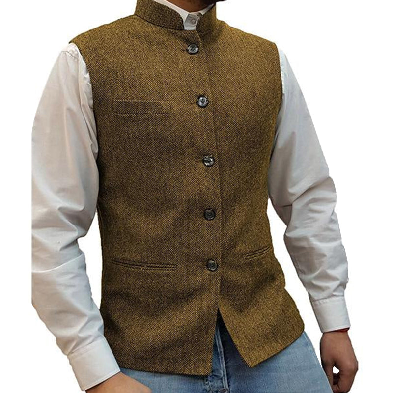 Stand Collar Herringbone Single Breasted Vest