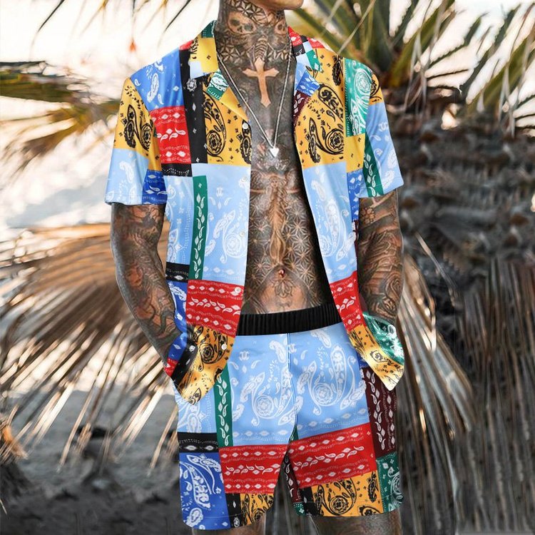 Fashionable and Casual Beach Suit with Color Geometric Print