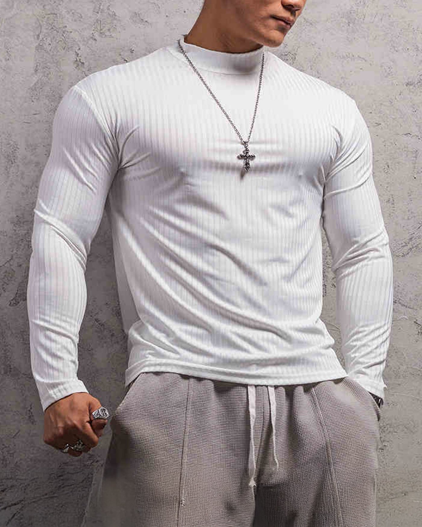 Stretch Rib Jersey Mockneck Long Sleeves T-shirt