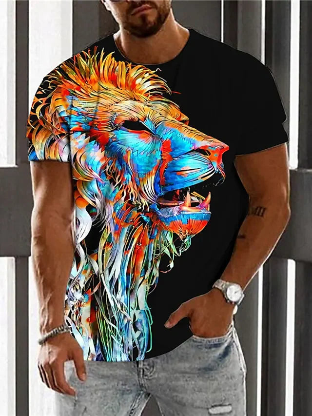 T shirt 3D Print Graphic Prints Lion Crew Neck Daily Holiday Print Short Sleeve Tops Casual Designer Big and Tall Blue