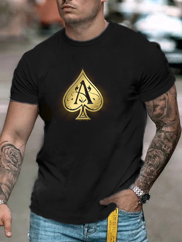 Fashion Casual Black Poker Printed T-Shirt