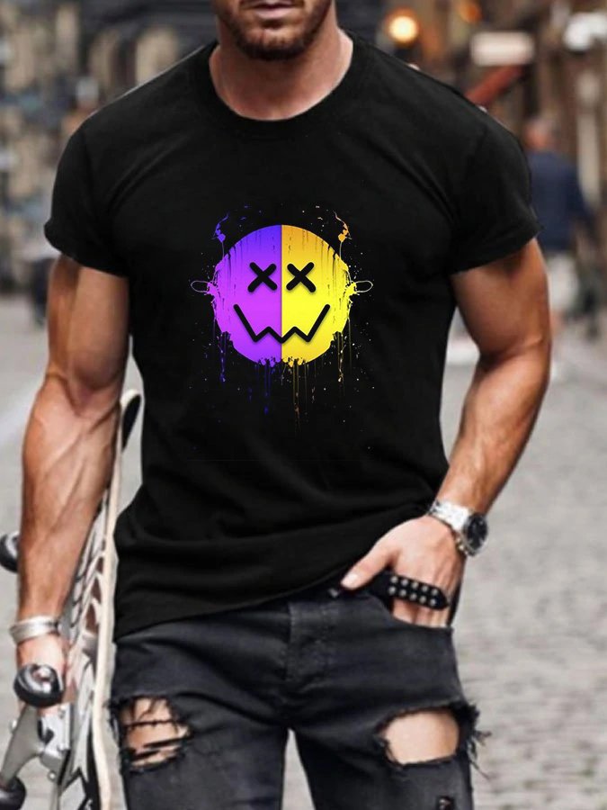 Fashion Casual Black Smiling Face Printed T-Shirt