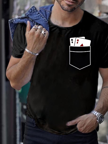 Fashion Casual Black Poker Printed T-Shirt
