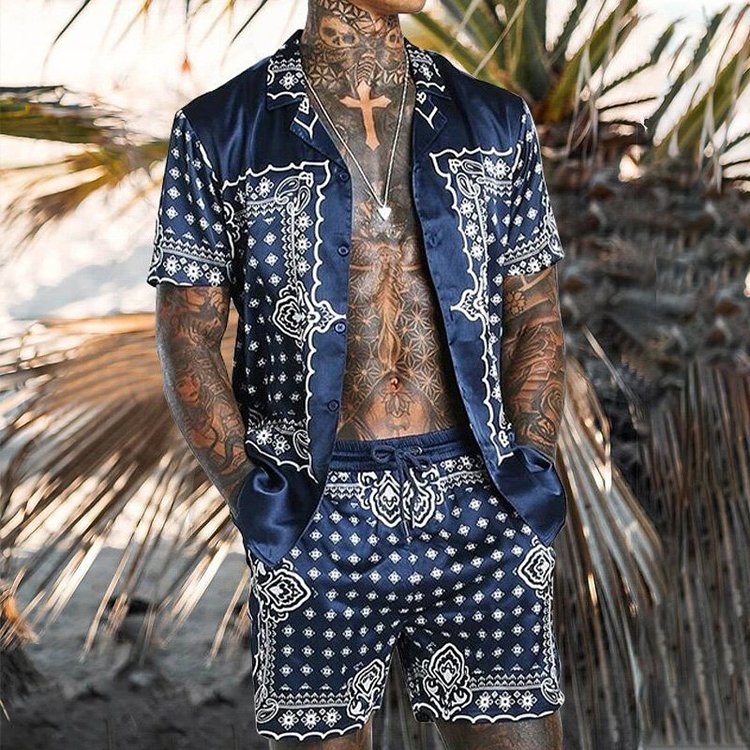 Casual Navy Blue Geometric Print Holiday Polo Suit