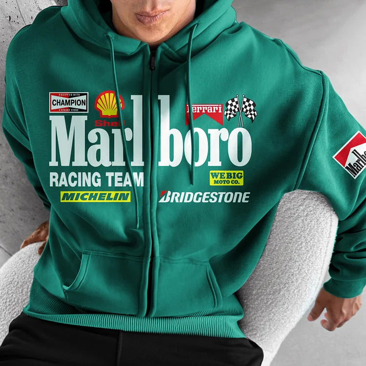 Oversized Hoodie Racing Graphic Print  Zip-Up Hooded Sweatshirt