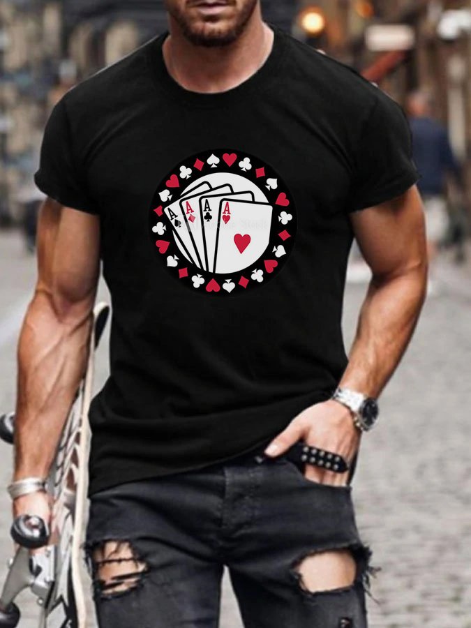 Fashion Casual Black Poker Printed T-Shirt