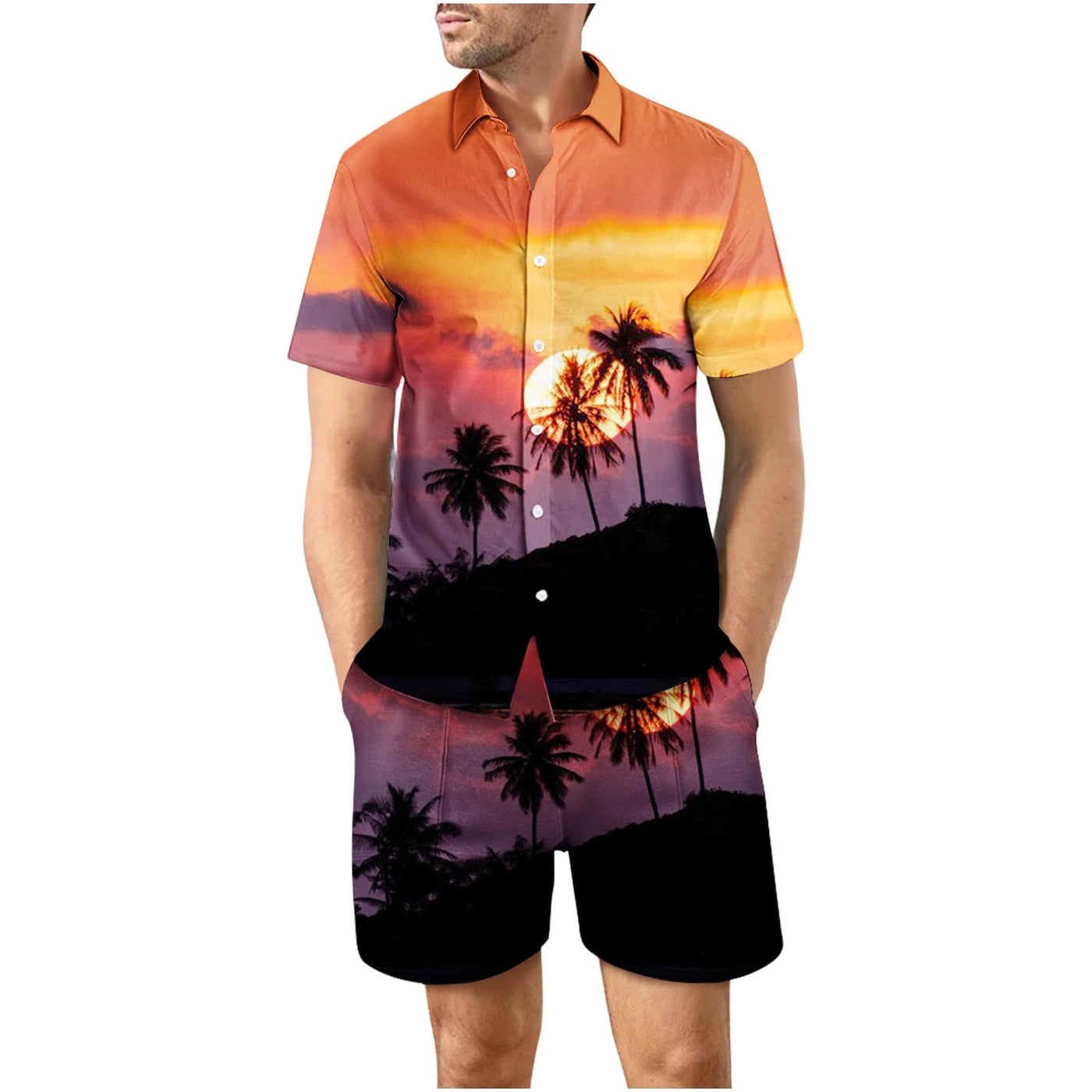 Tropical Sunset Button Up Short Sleeve and Shorts Loose  Set