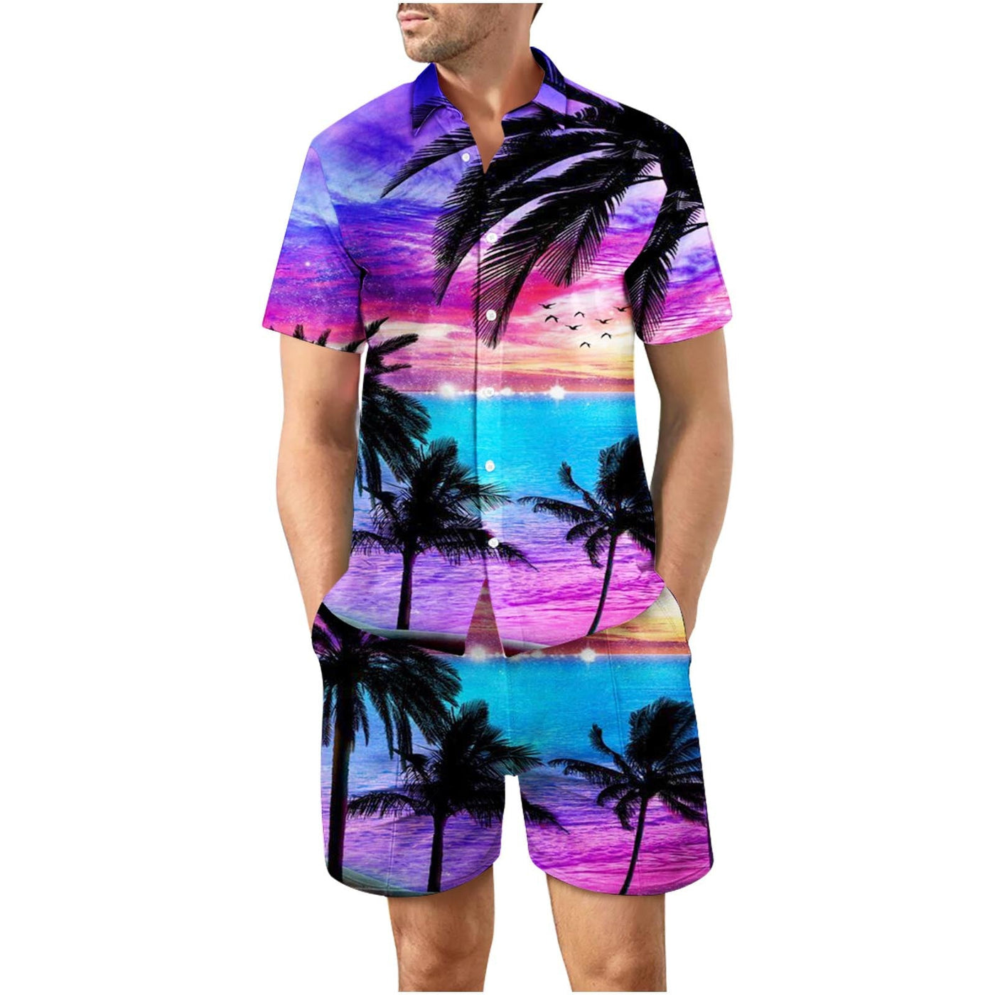Tropical Purple Button Up Short Sleeve and Shorts Loose  Set
