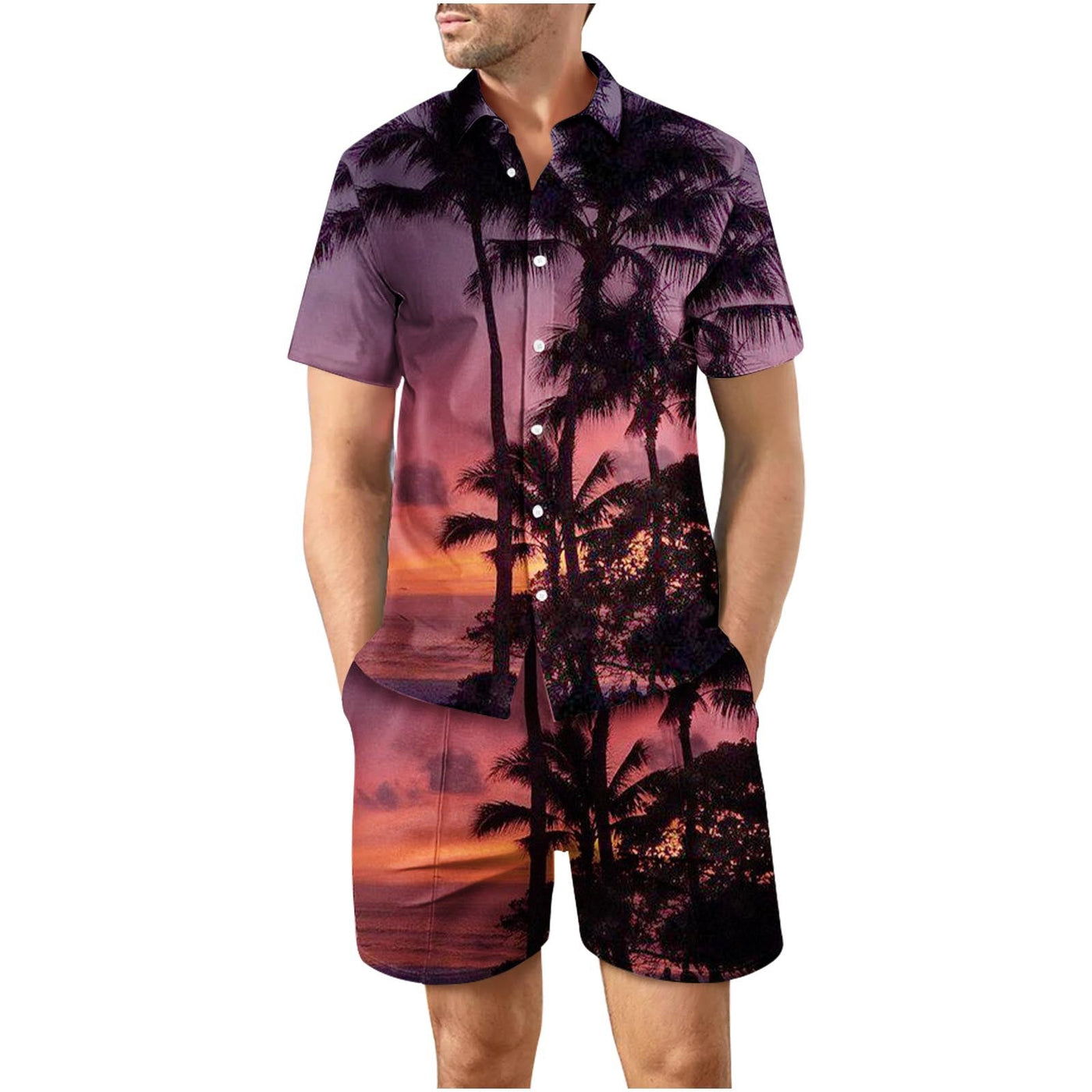 Tropical Violet Button Up Short Sleeve and Shorts Loose  Set