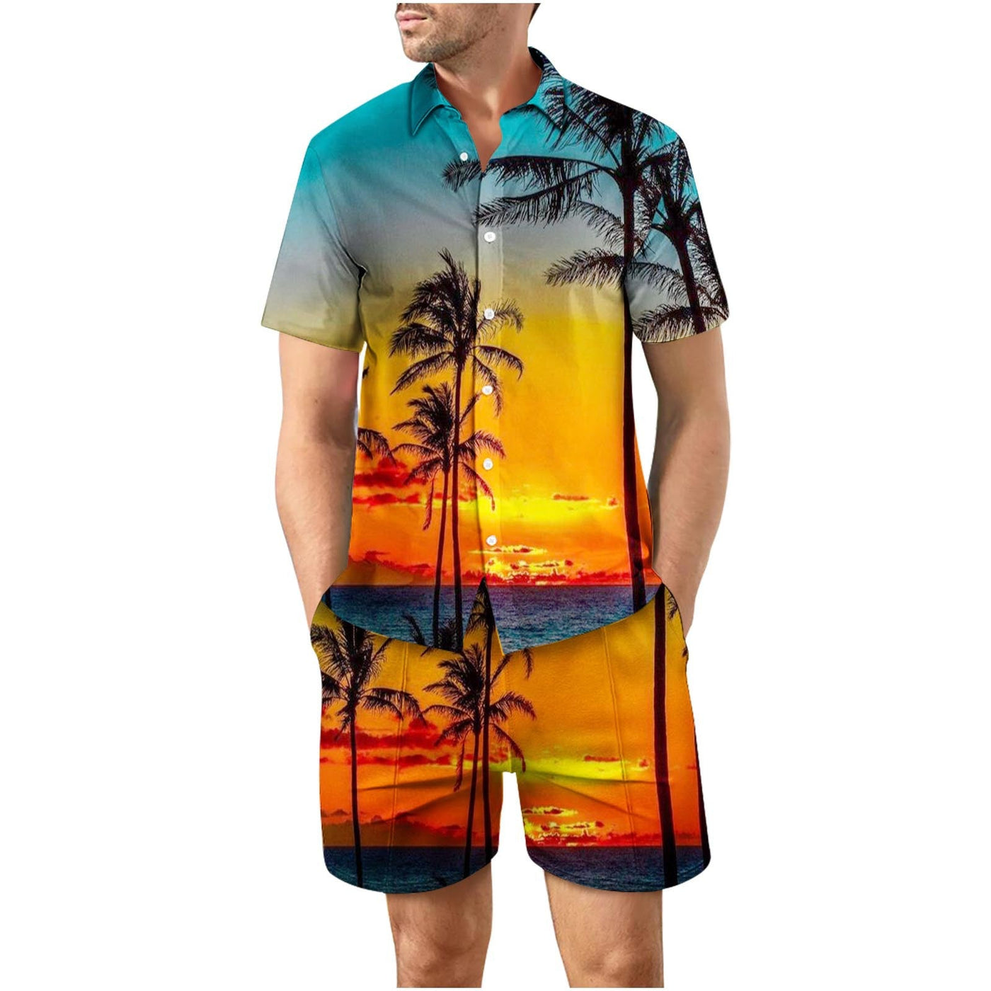 Tropical Sunset Second Button Up Short Sleeve and Shorts Loose  Set