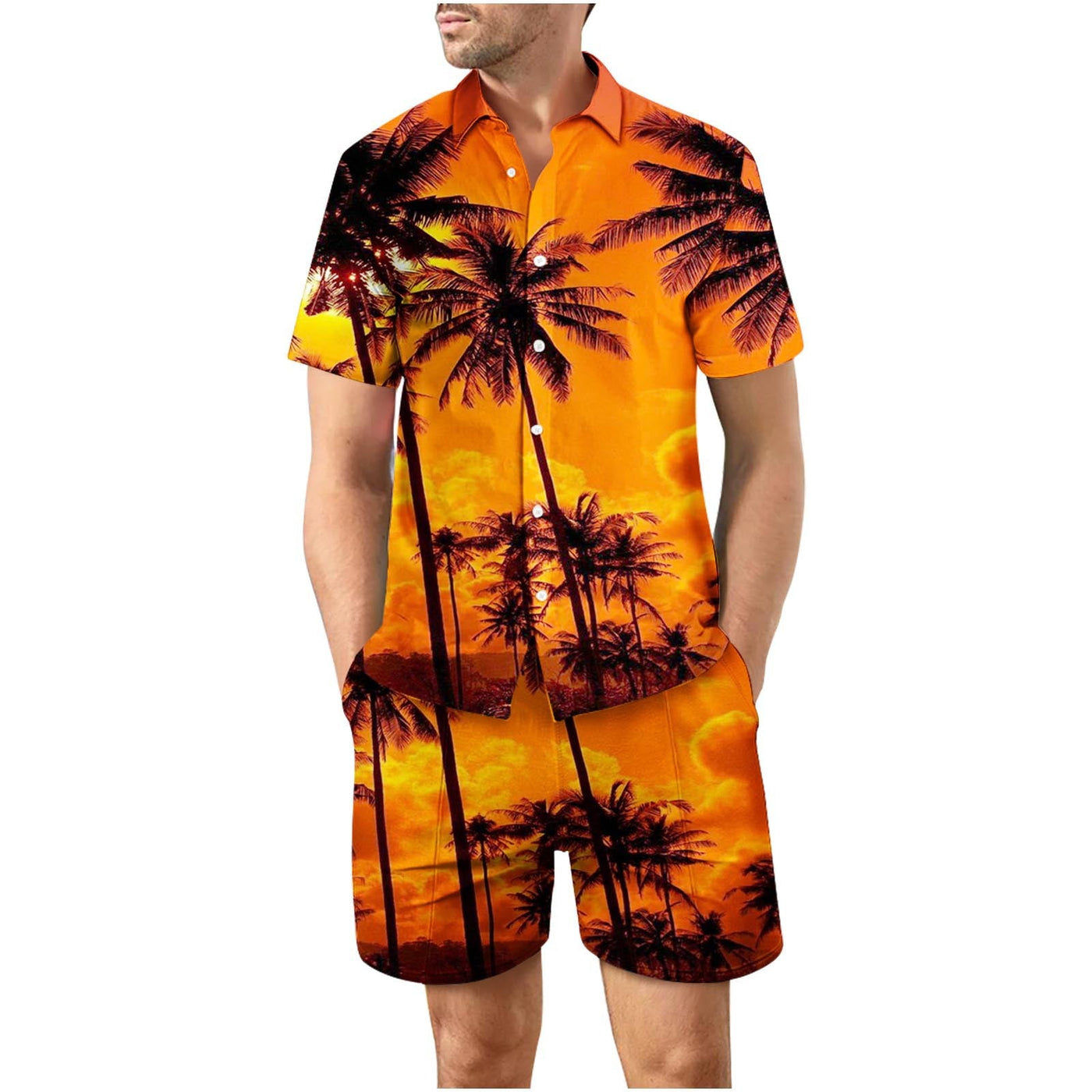 Tropical Orange Button Up Short Sleeve and Shorts Loose  Set