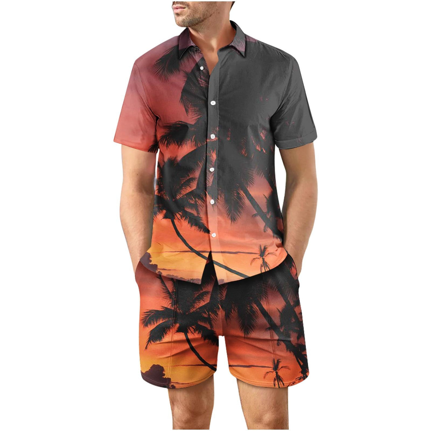 Tropical Sunset Fourth Button Up Short Sleeve and Shorts Loose  Set