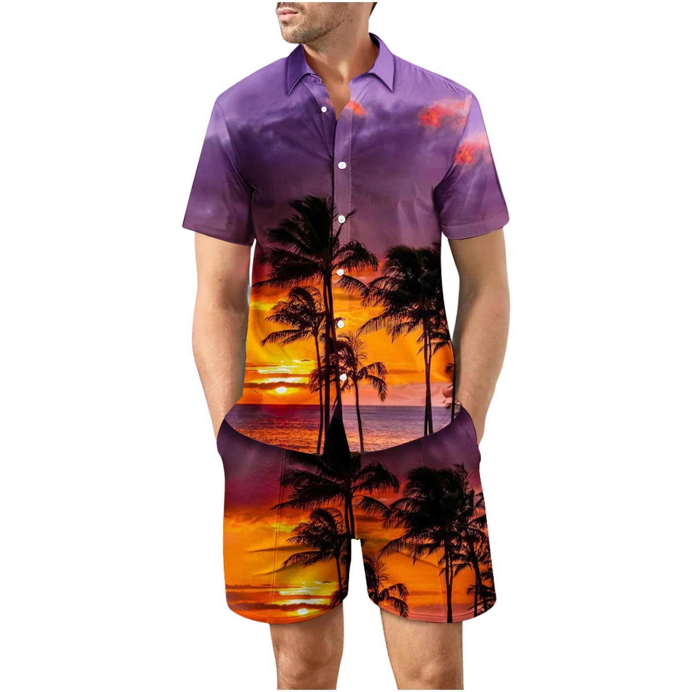 Tropical Sunset Fifth Button Up Short Sleeve and Shorts Loose  Set