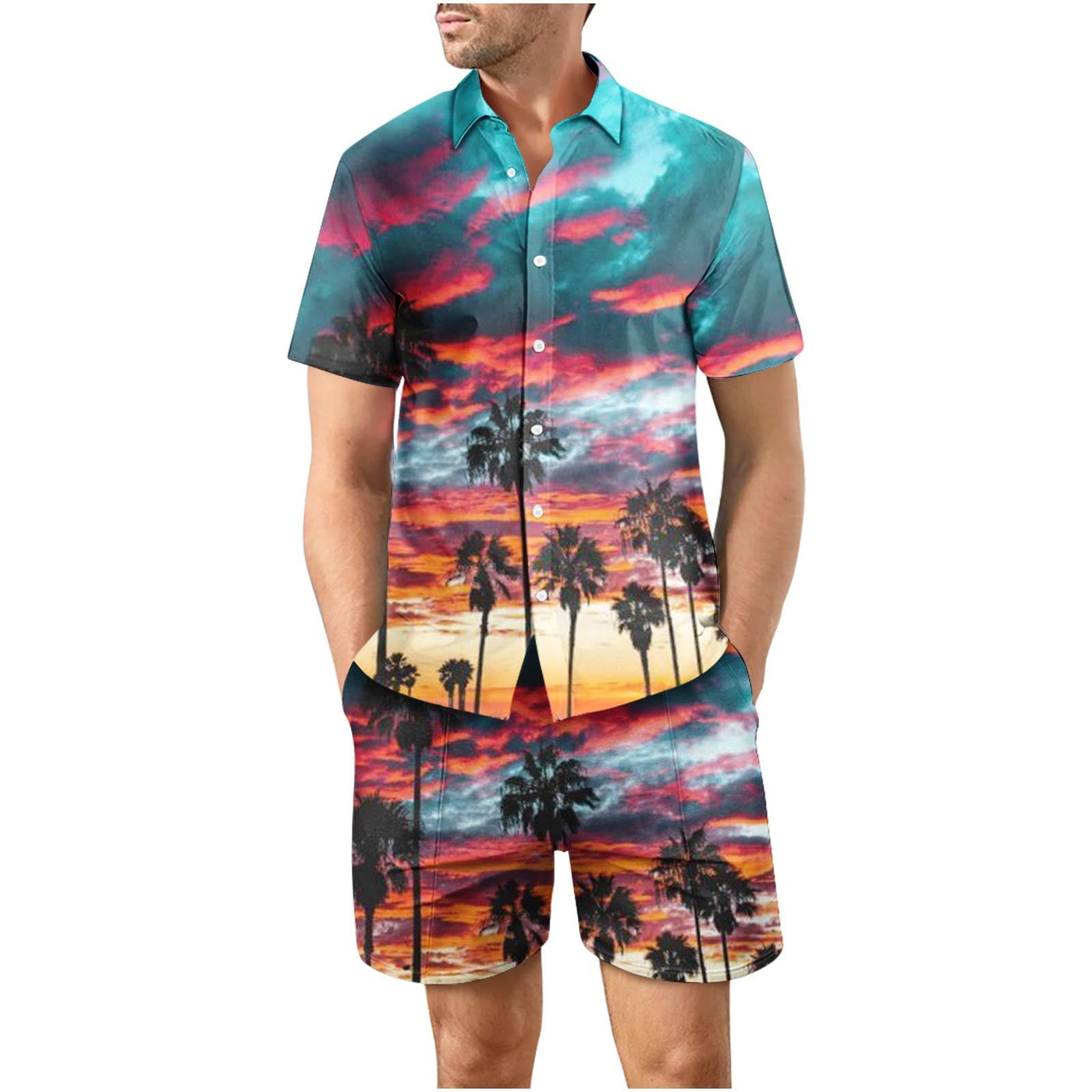 Tropical Sunset Sixth Button Up Short Sleeve and Shorts Loose  Set