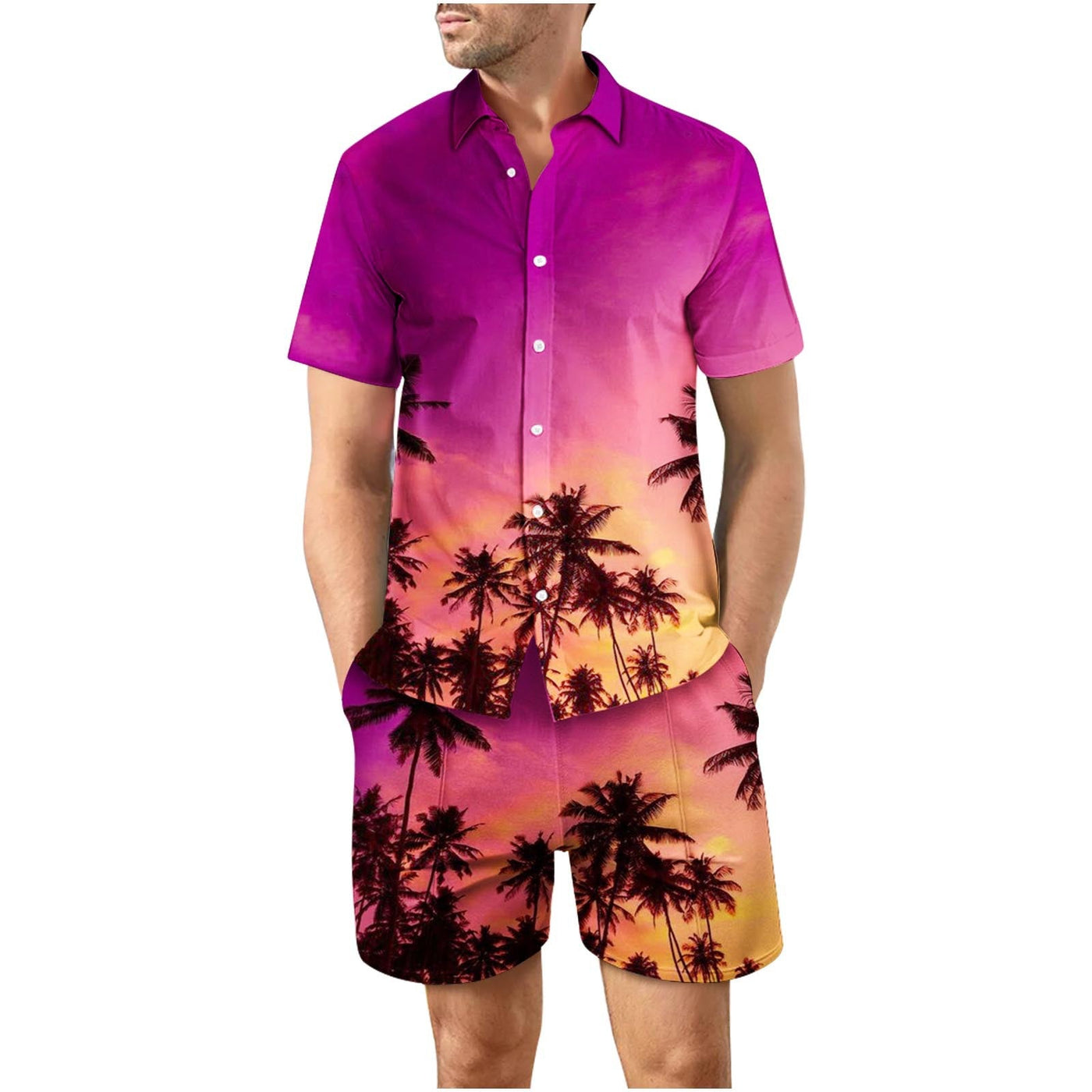 Tropical Sunset Eighth Button Up Short Sleeve and Shorts Loose  Set
