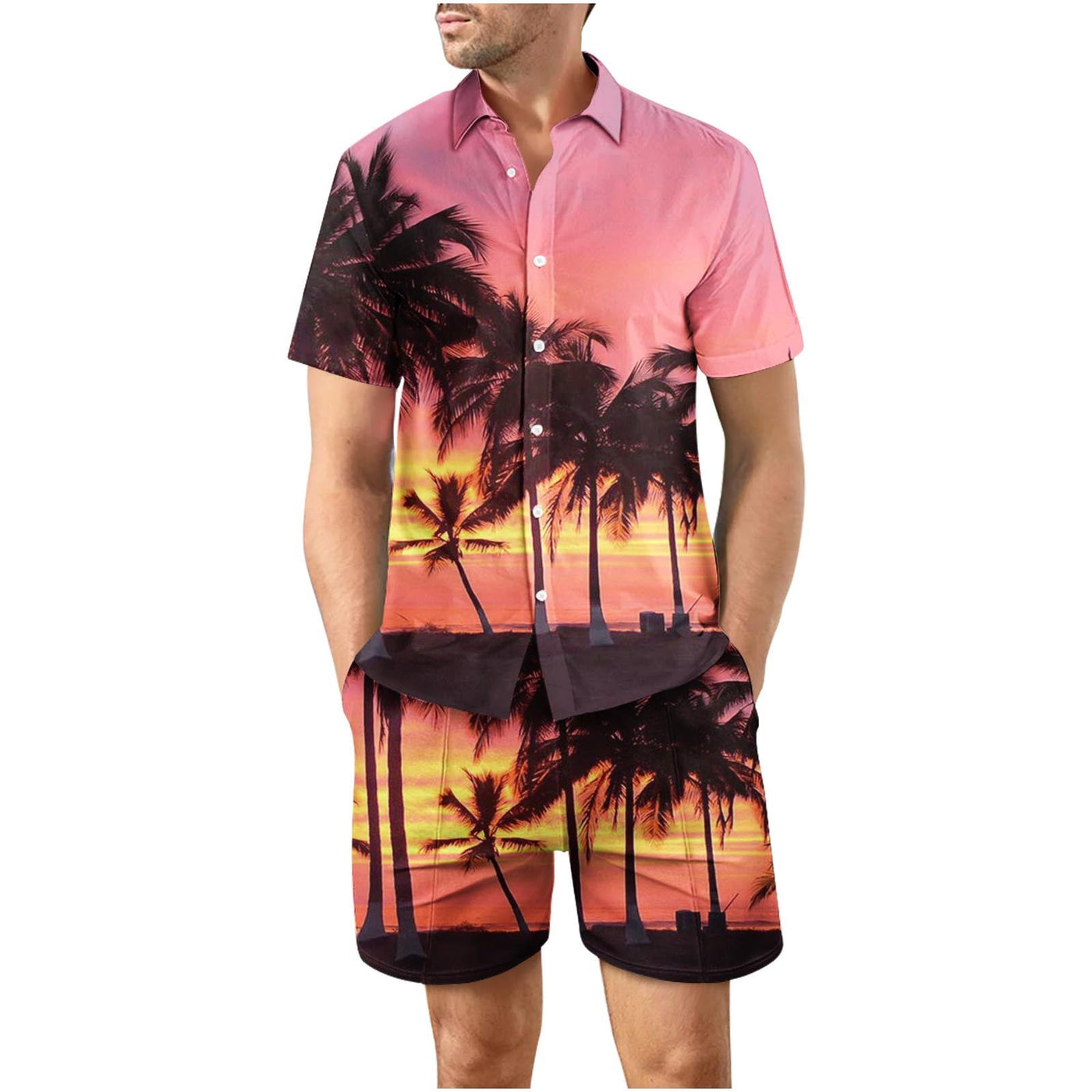 Tropical Sunset Ninth Button Up Short Sleeve and Shorts Loose  Set