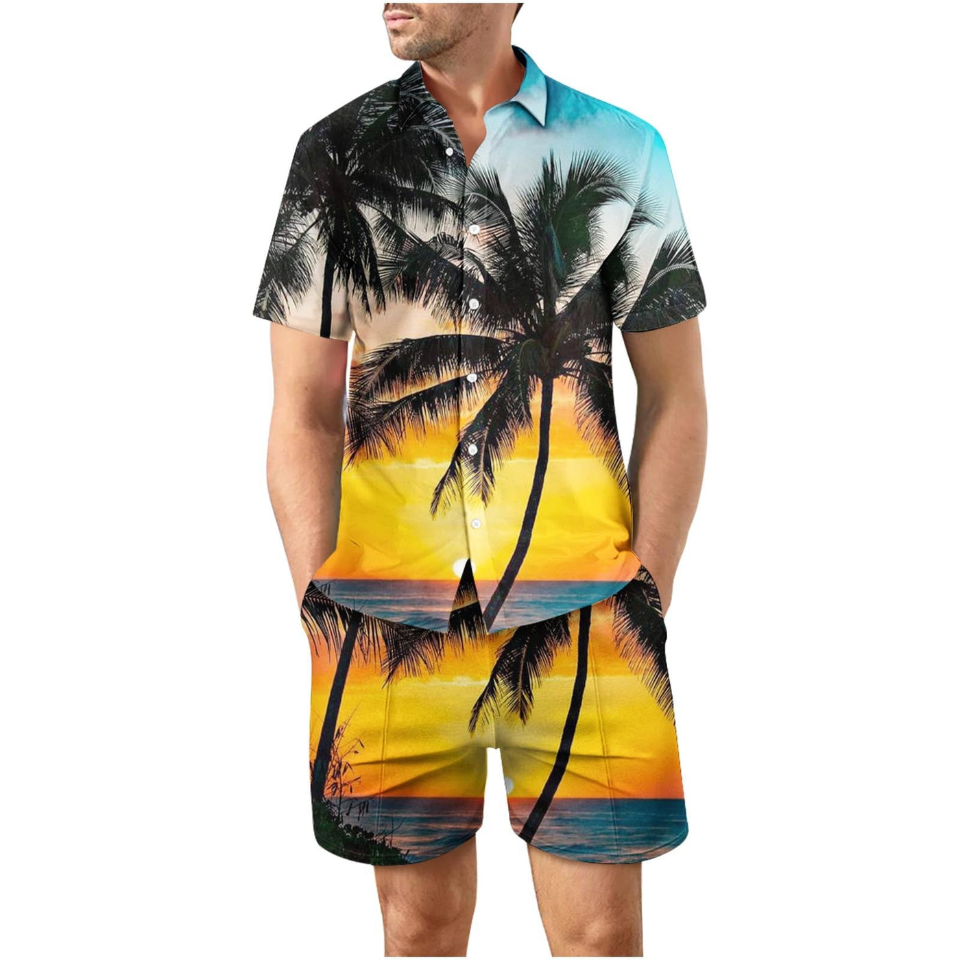 Tropical Sunset 21 Button Up Short Sleeve and Shorts Loose  Set