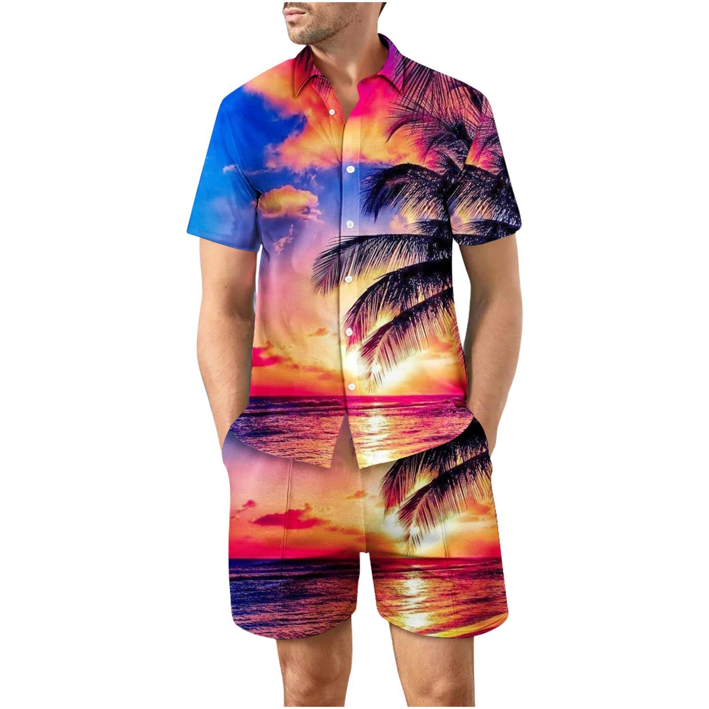 Tropical Sunset 39 Button Up Short Sleeve and Shorts Loose  Set
