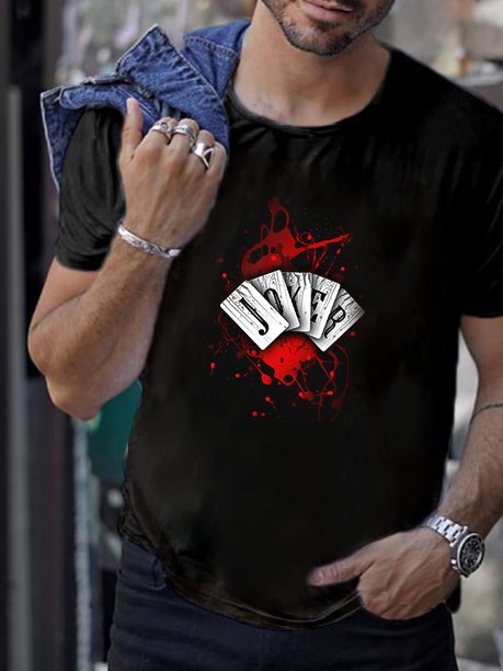 Fashion Casual Black Poker Printed T-Shirt