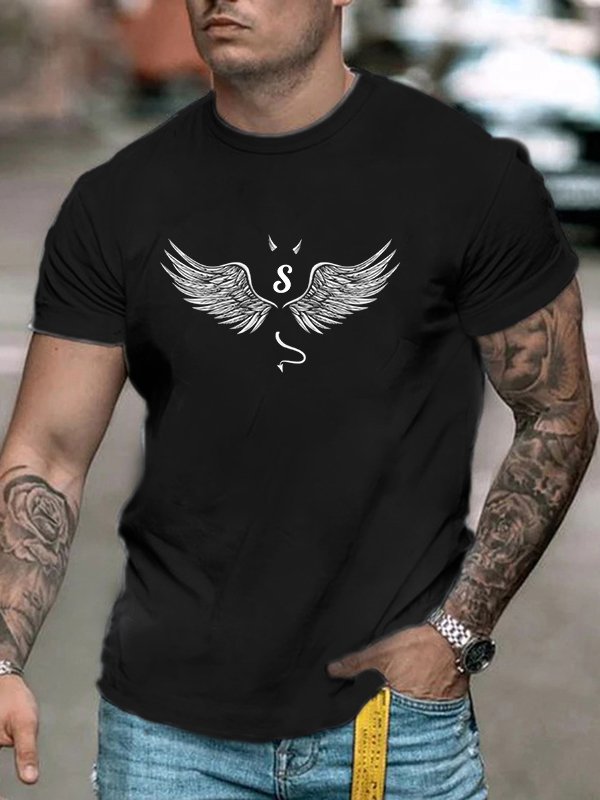 Fashion Casual Black Wing Print T-Shirt
