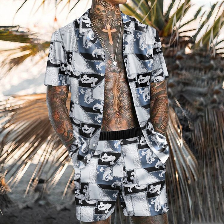 Casual Black and White Printed Holiday Polo Suit