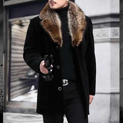Fur Collar Single Breasted Mid Length Coat