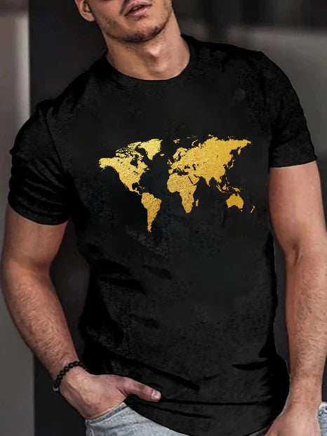 Fashion Casual Black Map Printed T-Shirt