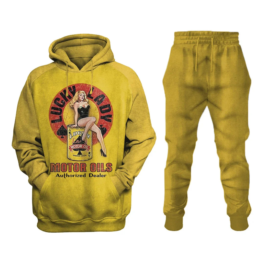 Lucky Lady Retro Casual Engine Oil Print Sweatshirt Set