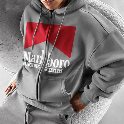 Oversized Hoodie Racing Graphic Print  Zip-Up Hooded Sweatshirt