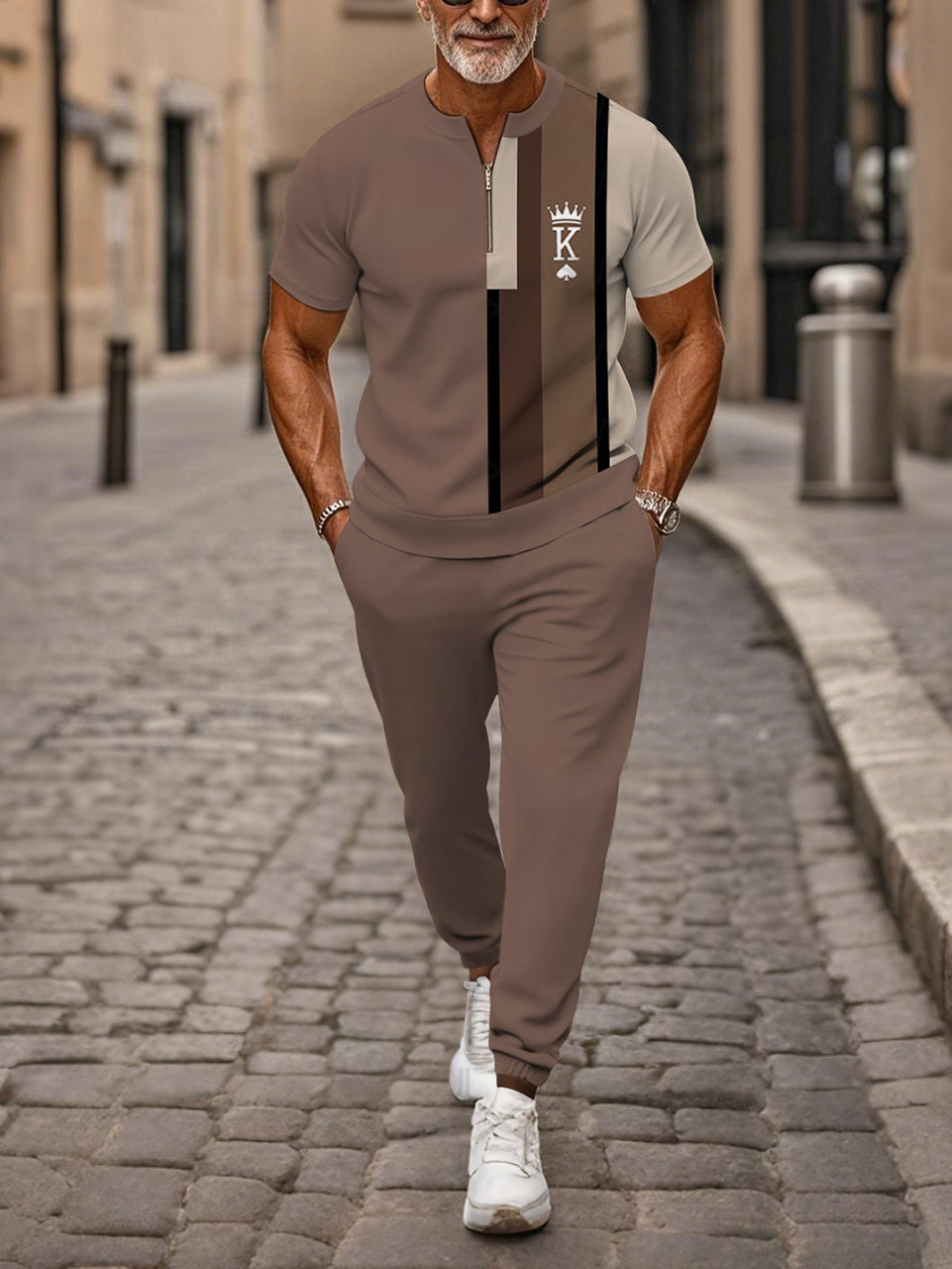 Zipper Short Sleeve Long Pants Two-Piece Set