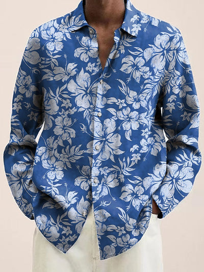Hawaiian Shirt Tropical Hibiscus Print Casual Vacation Oversized Long Sleeve Shirt