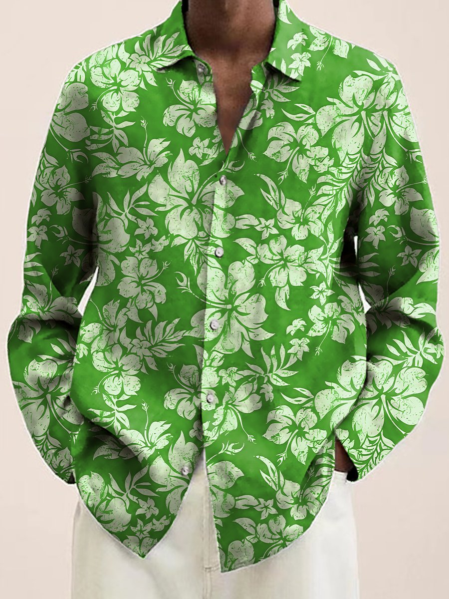 Hawaiian Shirt Tropical Hibiscus Print Casual Vacation Oversized Long Sleeve Shirt