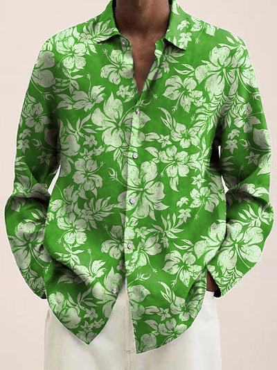Hawaiian Shirt Tropical Hibiscus Print Casual Vacation Oversized Long Sleeve Shirt