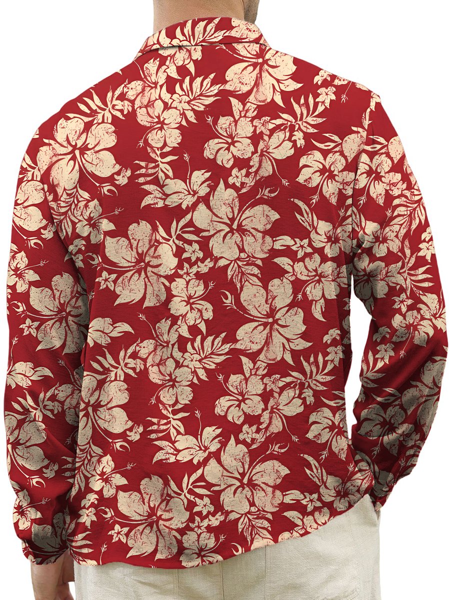 Hawaiian Shirt Tropical Hibiscus Print Turndown Long Sleeve Print Shirt