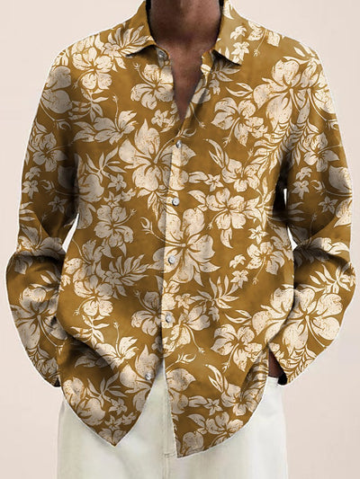 Hawaiian Shirt Tropical Hibiscus Print Casual Vacation Oversized Long Sleeve Shirt
