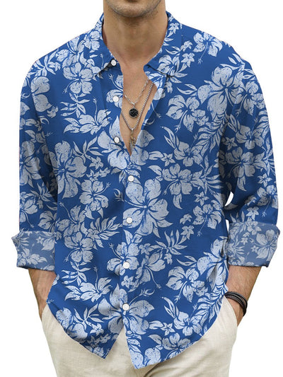 Hawaiian Shirt Tropical Hibiscus Print Turndown Long Sleeve Print Shirt