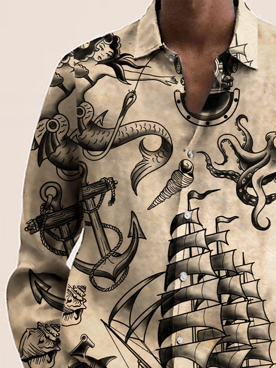 Casual Navy Items Print Long Sleeve Hawaiian Shirt