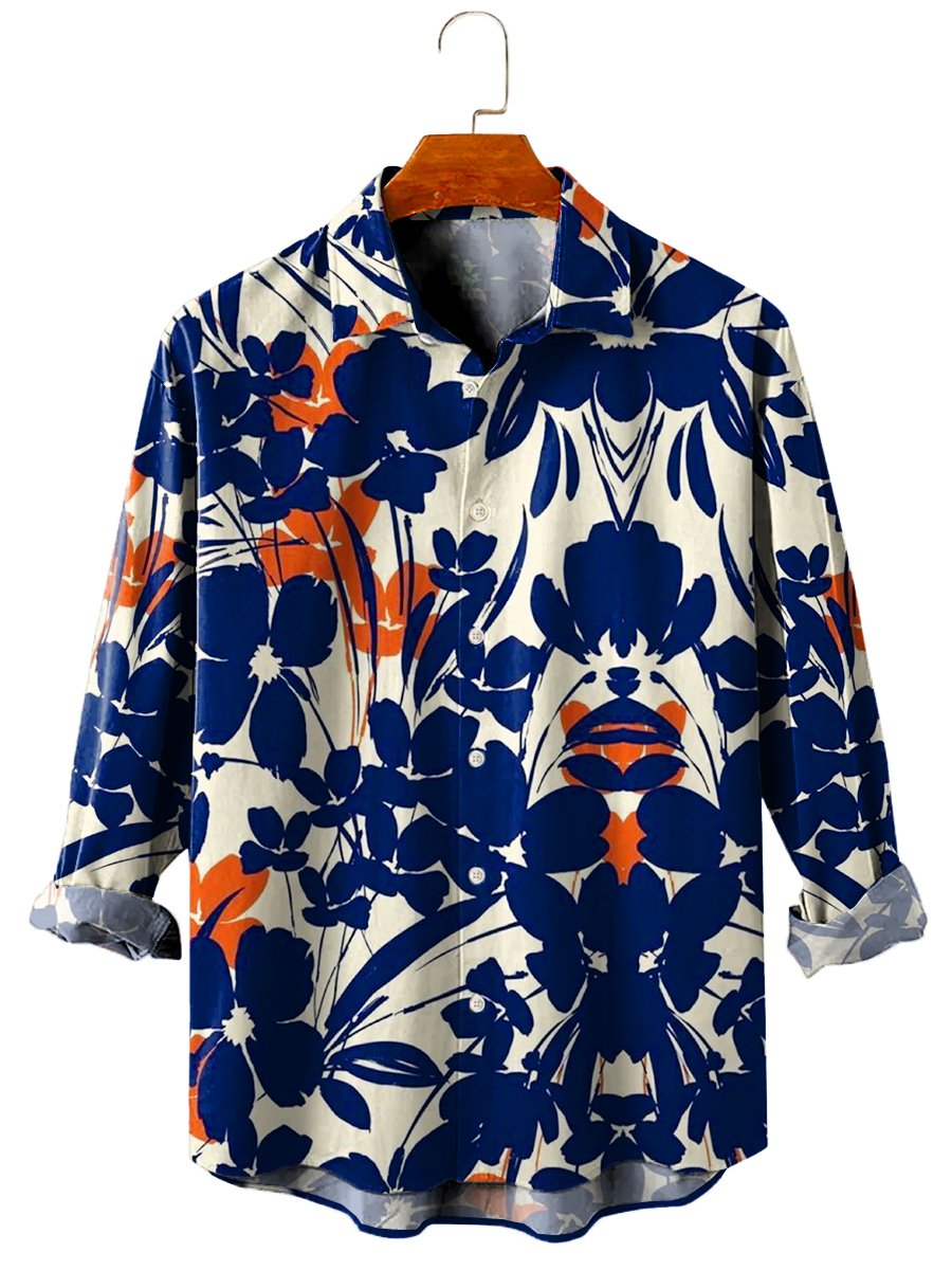 Hawaiian Shirt Simple Floral Print Casual Vacation Oversized Long Sleeve Shirt