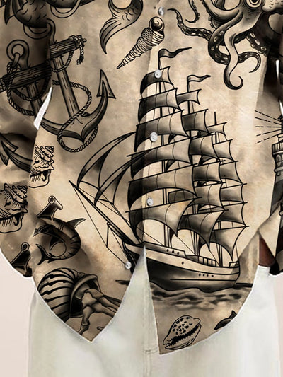 Casual Navy Items Print Long Sleeve Hawaiian Shirt