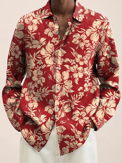 Hawaiian Shirt Tropical Hibiscus Print Casual Vacation Oversized Long Sleeve Shirt