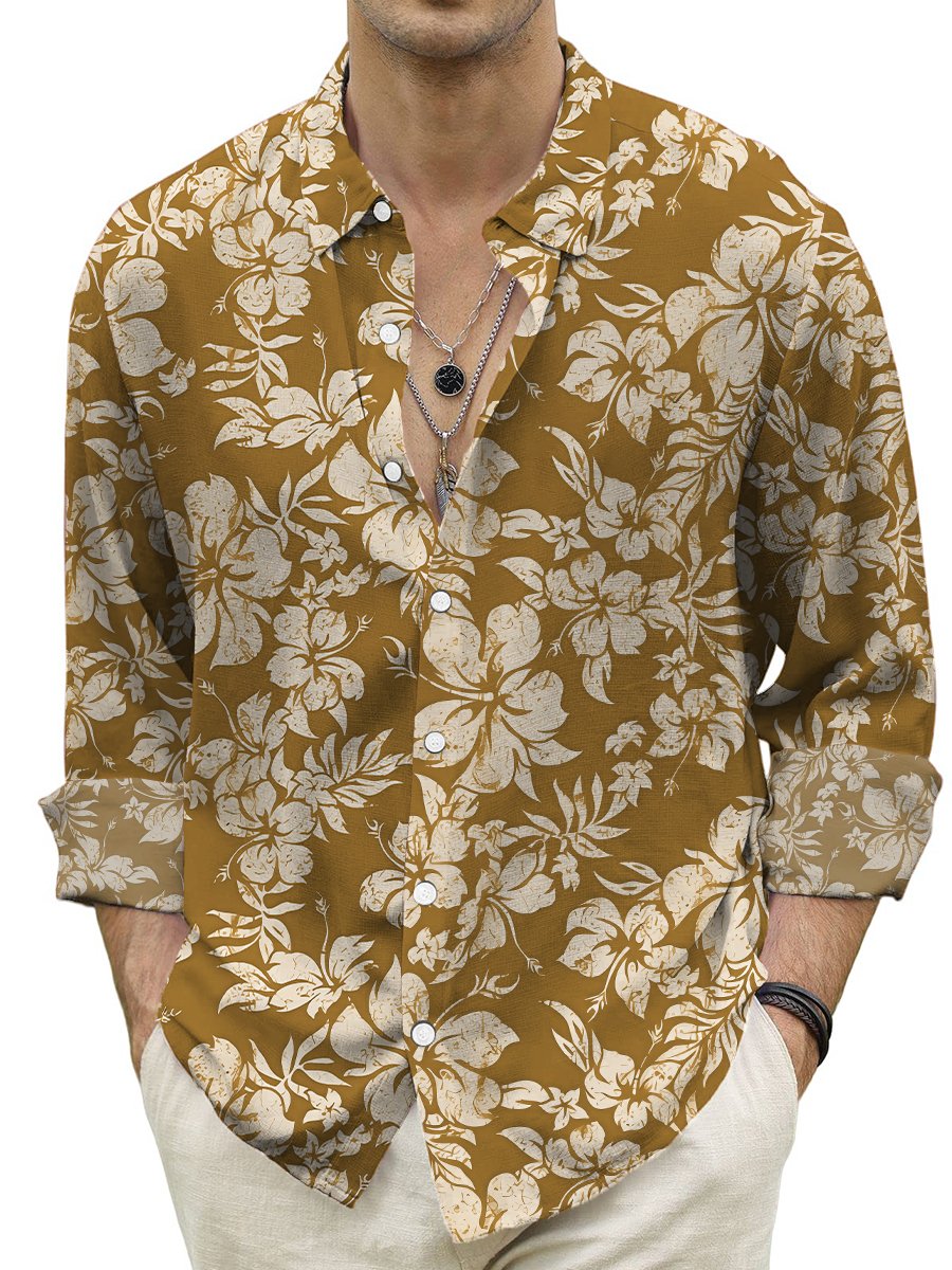 Hawaiian Shirt Tropical Hibiscus Print Turndown Long Sleeve Print Shirt