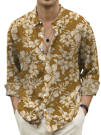 Hawaiian Shirt Tropical Hibiscus Print Turndown Long Sleeve Print Shirt