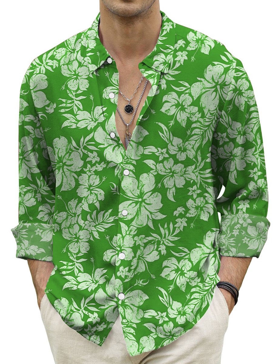 Hawaiian Shirt Tropical Hibiscus Print Turndown Long Sleeve Print Shirt