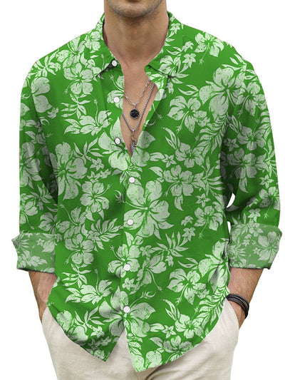 Hawaiian Shirt Tropical Hibiscus Print Turndown Long Sleeve Print Shirt
