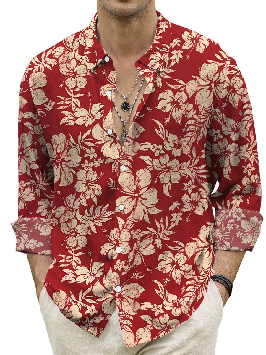 Hawaiian Shirt Tropical Hibiscus Print Turndown Long Sleeve Print Shirt