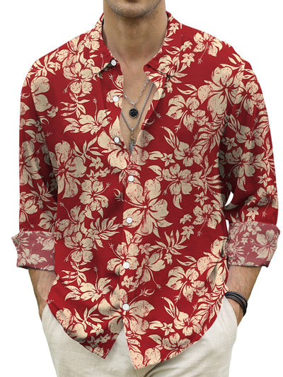 Hawaiian Shirt Tropical Hibiscus Print Turndown Long Sleeve Print Shirt